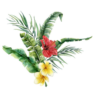水彩花卉热带花束与明亮的花朵.