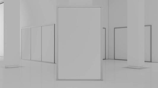 空白白墙样机在阳光明媚的现代空博物馆, 3d 渲染.