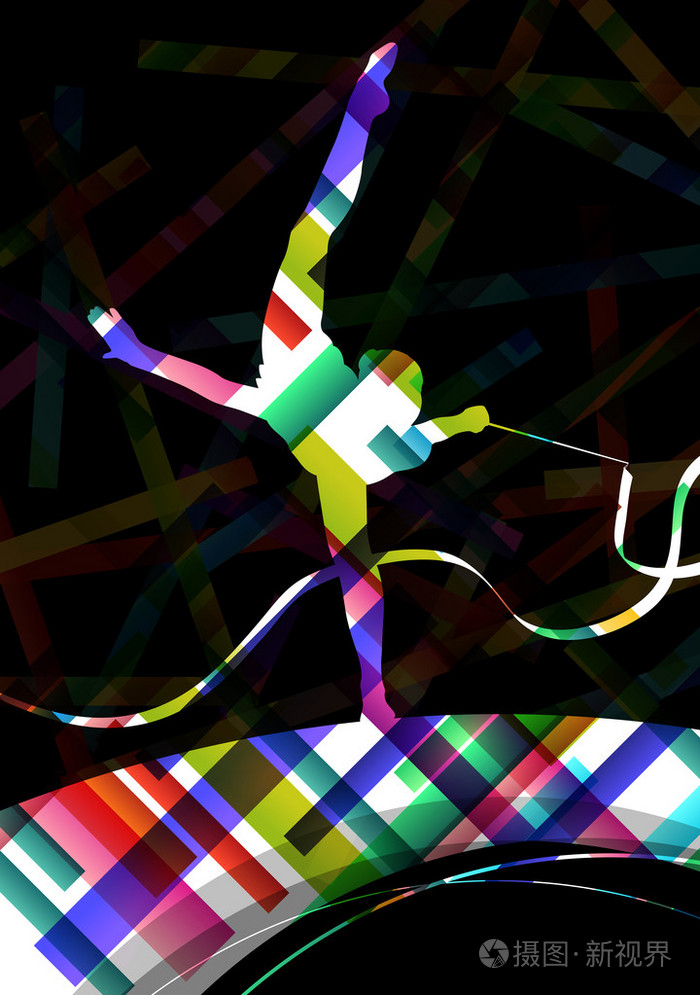 抽象马戏中带彩带剪影的舞蹈女