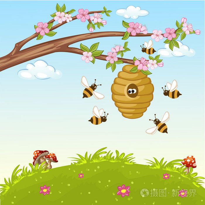 蜜蜂在蜂巢附近飞行的插图