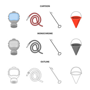 防毒面具, 软管, 水桶, bagore。消防部门集合图标在卡通, 轮廓, 单色风格矢量符号股票插画网站