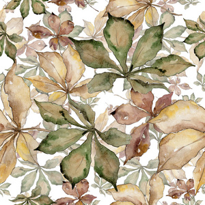 秋栗叶。叶植物植物园花叶。无缝的背景图案。背景纹理包装图案框架或边框的水彩画叶