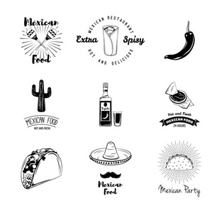 墨西哥传统食品集。墨西哥符号。玉米卷, 胡椒, 玉米片, 葫芦, 草帽, 玉米饼, 仙人掌。墨西哥餐馆标签, 墨西哥菜。食品递送
