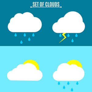 设置。天气。在平面样式简单的矢量图。雷暴和雨在一个黑色的背景上。太阳和云光背景上