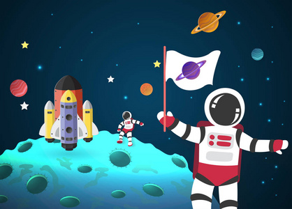 3d 渲染与卡通恒星,行星,月球,太空船和宇航员无缝宇宙模式.