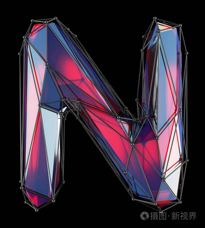 大写拉丁文字母 n 在低聚样式红色颜色被隔绝在黑色背景上