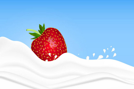 草莓溅在粉红色的背景牛奶。水果和酸奶。现实向量例证