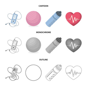 播放器, 一瓶水和其他训练设备。健身房和健身集合图标在卡通, 轮廓, 单色风格矢量符号股票插画网站