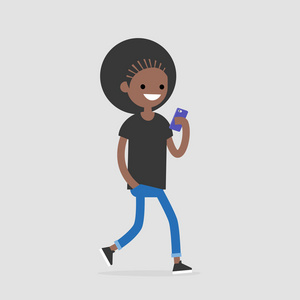 年轻的黑人女性步行字符使用电话。千年世代。技术。平面可编辑矢量插图, 剪贴画