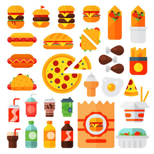 一套彩色卡通快餐图标孤零零的餐厅美味美国汉堡肉和不健康的汉堡餐矢量图