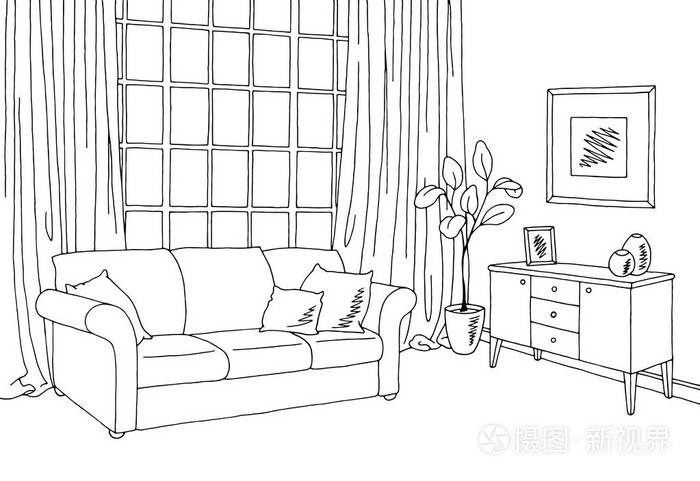 客厅里图形黑色白色内饰素描图矢量