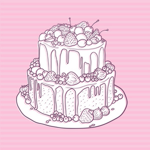 轮廓与草莓 樱桃 蓝莓和孤立的巧克力蛋糕