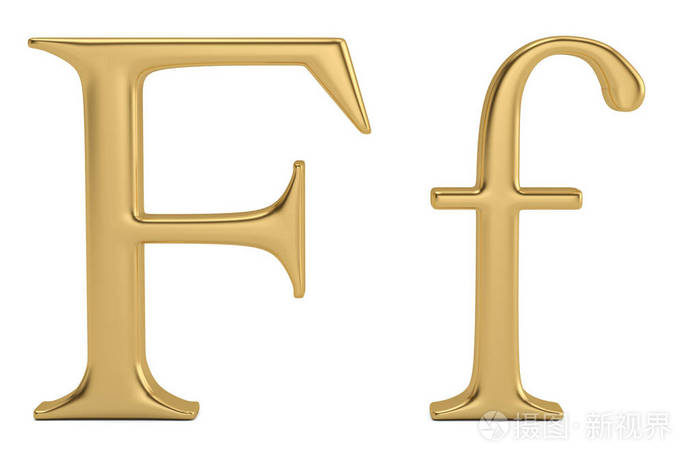 白色背景下的金金属f字母表3d插图