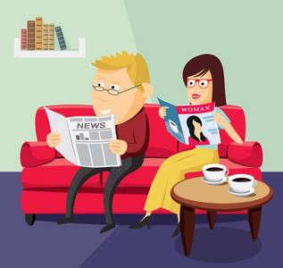 丈夫读报纸快乐的男人和女人读报纸和杂志在客厅的沙发上-简单的卡通
