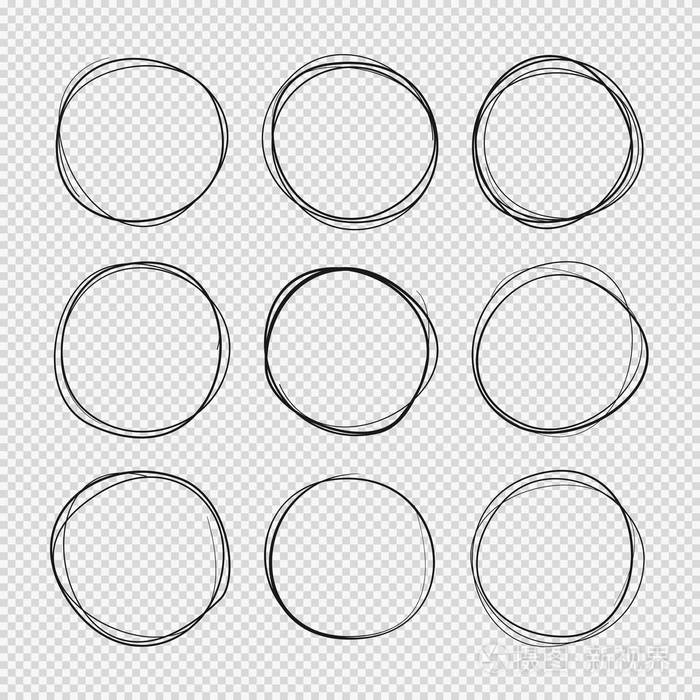 涂鸦圈环形涂鸦和素描, 圆形和圆形划痕描边插图