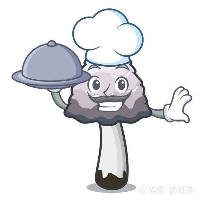 厨师与食物毛茸茸的鬃毛蘑菇吉祥物卡通矢量插画