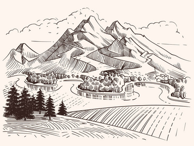 江山画铅笔画山风景.卡通素描山和杉木树向量例证照片