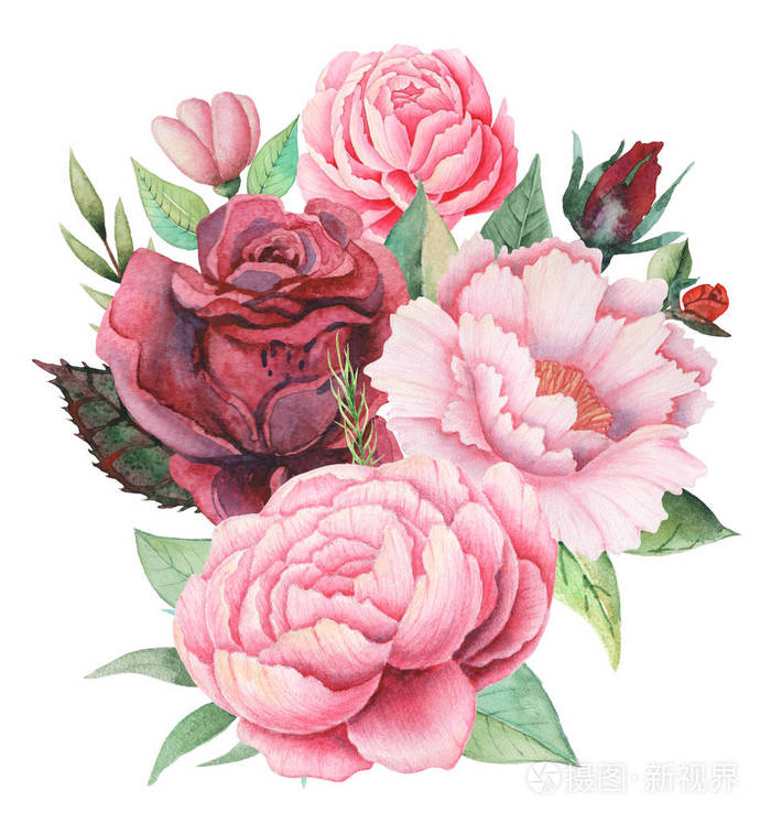 水彩画邀请设计用束鲜花,手绘花卉成分在白色背景上