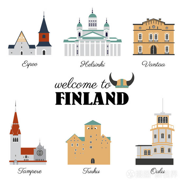 万达城博物馆, 坦佩雷寺, 图尔库城堡和奥鲁, 芬兰,插画-正版商用