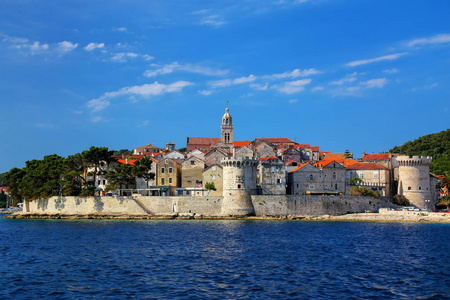 科尔丘拉岛老镇，克罗地亚的看法。科尔丘拉岛是强化的古镇保护的东海岸的科尔丘拉岛