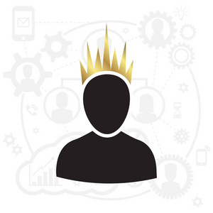 管理特权配置文件与黄金皇冠矢量插图。贵宾王用户图标在平面风格。优先客户概念或徽标