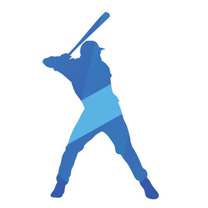 蓝色的棒球击球手摆动蝙蝠，矢量剪影