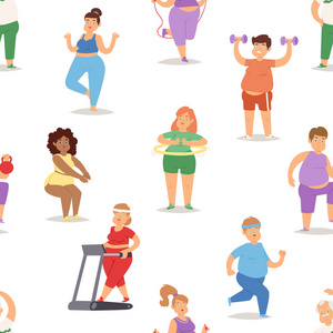 胖人做运动训练健身房体育健身运动脂肪食品丰富字符锻炼矢量插画无缝模式背景