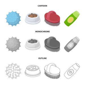 球饲料洗发水等动物园专卖店产品。宠物店集合图标在卡通, 轮廓, 单色风格矢量符号股票插画网站