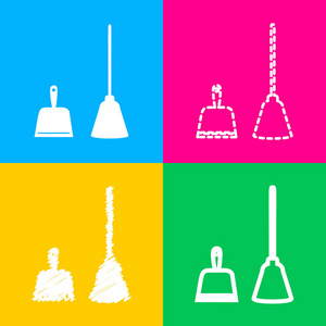 簸箕矢量符号。勺的清理垃圾家务簸箕设备。四种风格的上四个颜色的方块图标