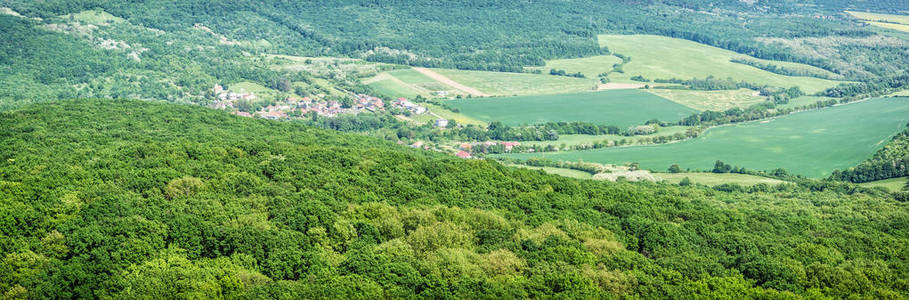 与斯洛伐克共和国同村的季节性绿色森林。全景照片。旅游目的地