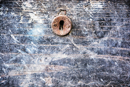 旧门生锈的锁。详细年份照片