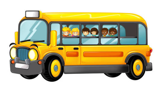 滑稽看卡通黄色公共汽车与学生例证为孩子