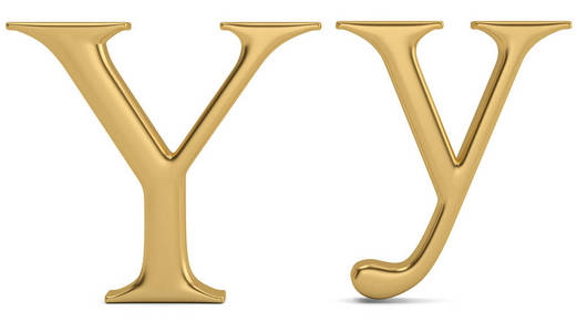 黄金金属 y 字母表在白色背景上被隔离3d 插图