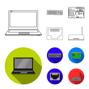 键盘路由器主板和连接器。个人计算机集图标的轮廓, 平面式矢量符号股票插画网