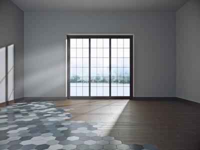 空昏暗的房间里大窗口.3d 图照片