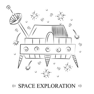 太空探索。手绘涂鸦宇宙飞船和彗星围成一圈。素描样式