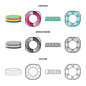 多彩多姿的游泳圈卡通, 轮廓, 单色图标在集合中进行设计。不同的救生圈矢量符号股票 web 插图