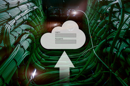 云存储, 数据访问, 登录和密码请求窗口在服务器室的背景。互联网与技术理念