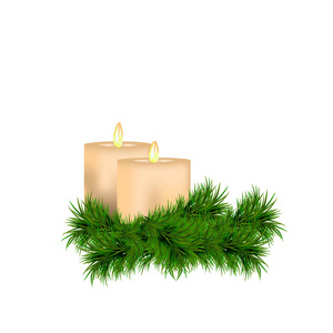圣诞节和新年装饰用蜡烛和云杉树枝隔绝在白色背景。矢量插图