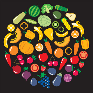 组的蔬菜和水果在一个圆形形状