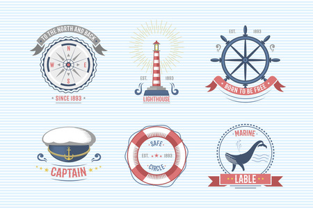 时尚航海和海洋帆船主题标签矢量