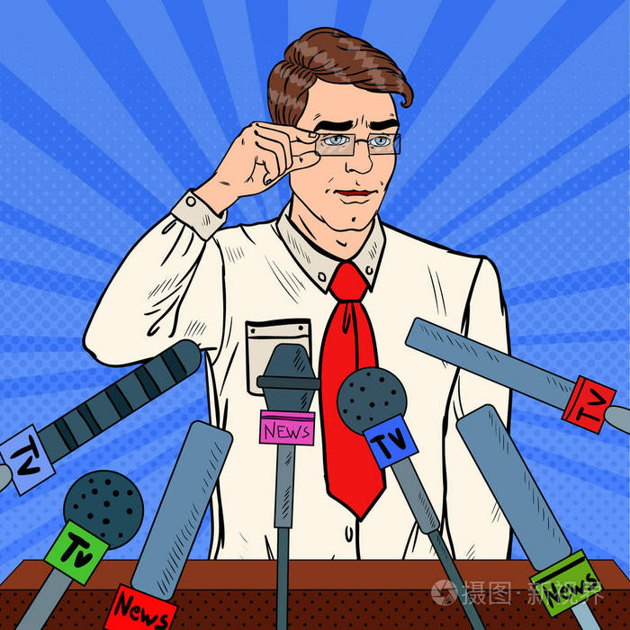 自信的男人给新闻发布会.大众媒体的采访.波普艺术矢量图