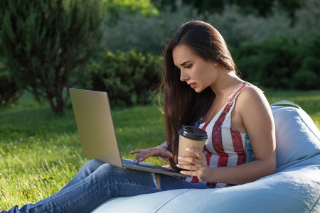 年轻可爱的女孩与笔记本电脑, 坐在豆袋在花园或公园, 在绿色的草地上。网上购物理念