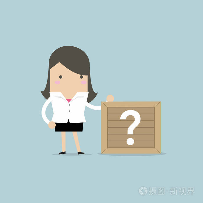 女实业家站在未知的盒子旁边.向量