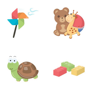 玩具的螺旋桨，一只泰迪熊和一只长颈鹿和五颜六色的球，玩具龟，乐高玩具，儿童的设计器。玩具在卡通风格矢量符号股票图 web 设置集