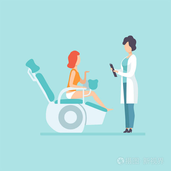 妇科医生检查女性病人的临床,医疗和保健概念矢量图在卡通风格中的