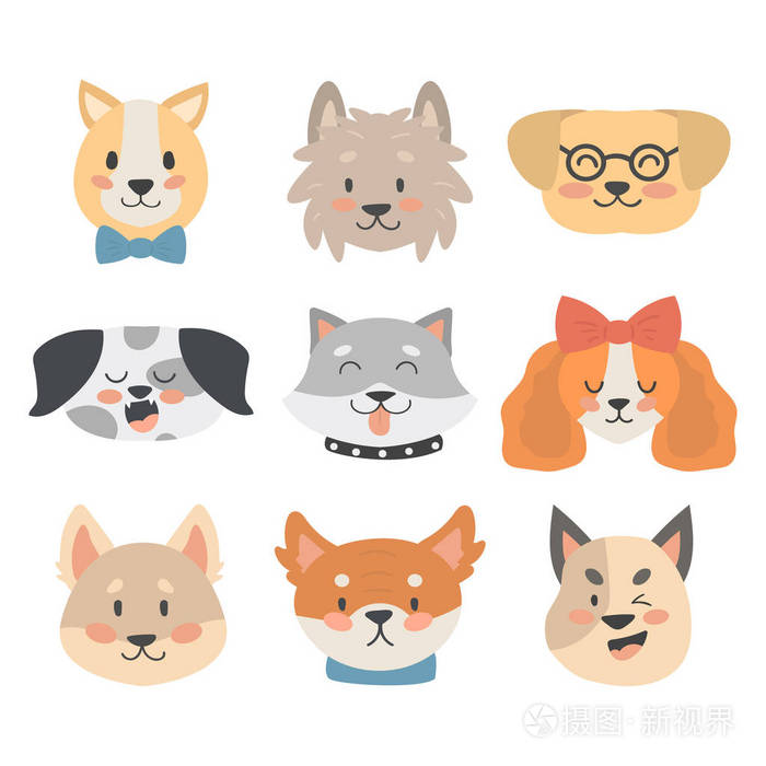 可爱的卡通狗性格头面包卡通小狗友好可爱犬矢量图
