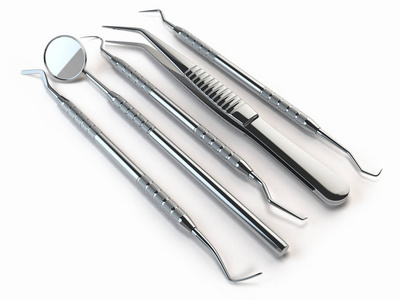 牙科工具设置为牙齿牙科保健上白色孤立。新梢