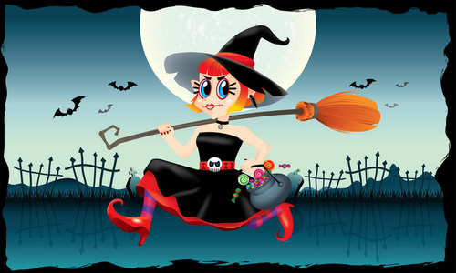 一个运行可爱的女巫, 手里拿着一碗糖果和一个魔法扫帚。带有怪异背景的