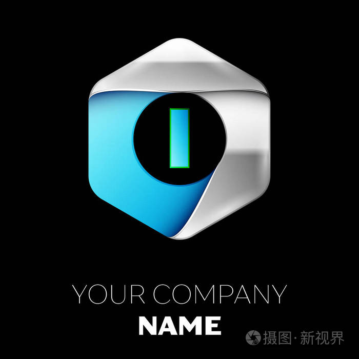 现实的蓝色字母i标志符号在彩色银蓝色六角形黑色背景用于设计的矢量